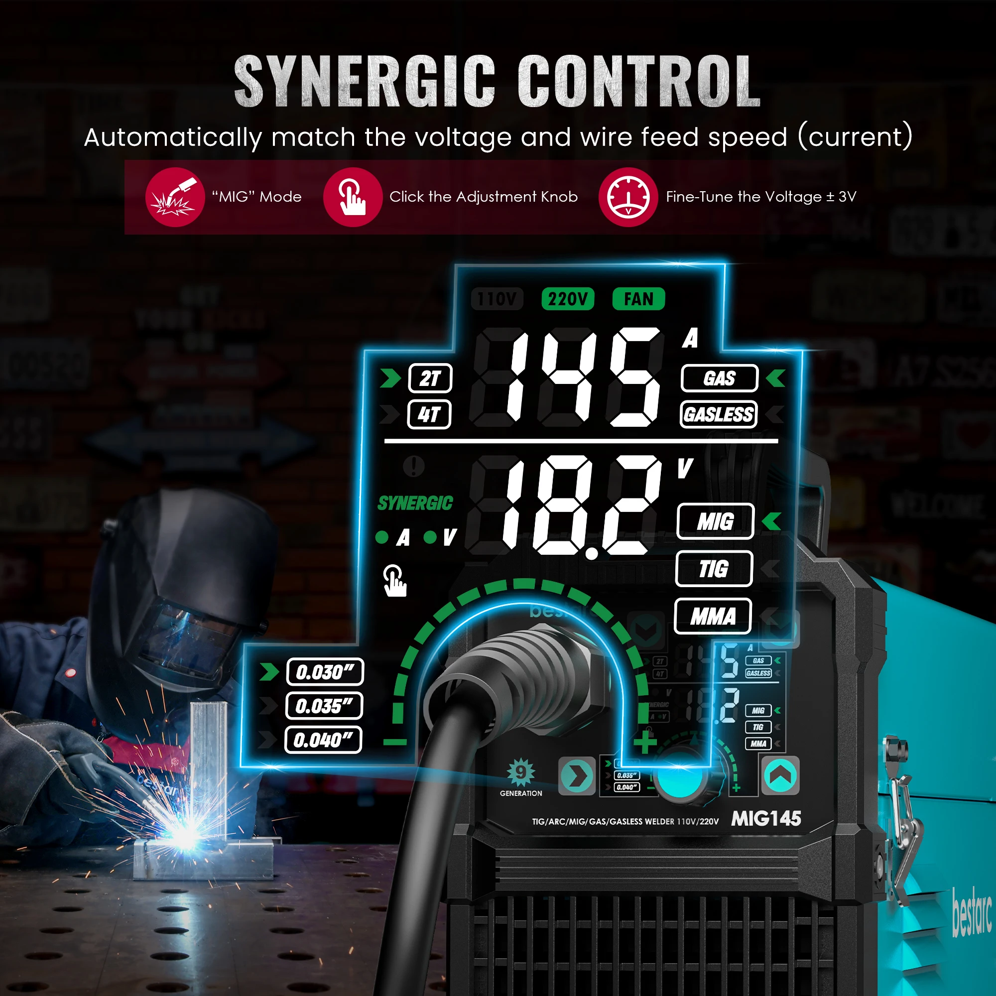 Soldador bestarc MIG, MIG145 145 amperios MIG de gas/MIG sin gas/Lift TIG/Stick 3 en 1 MIG con pantalla digital, monofásico de 220 V