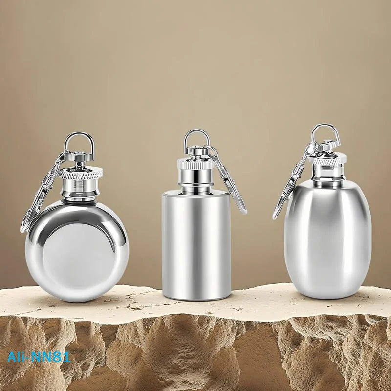 【N】Mini 1oz Stainless Steel Hip Flask Pocket Key Chain Lightweight Durable Steel Flagon