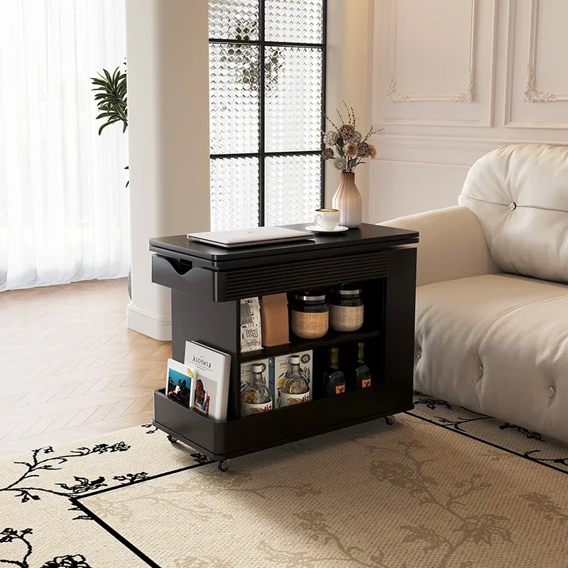 French retro solid wood, side table can be lifted and moved coffee table, medieval living room trolley folding sofa side cabinet