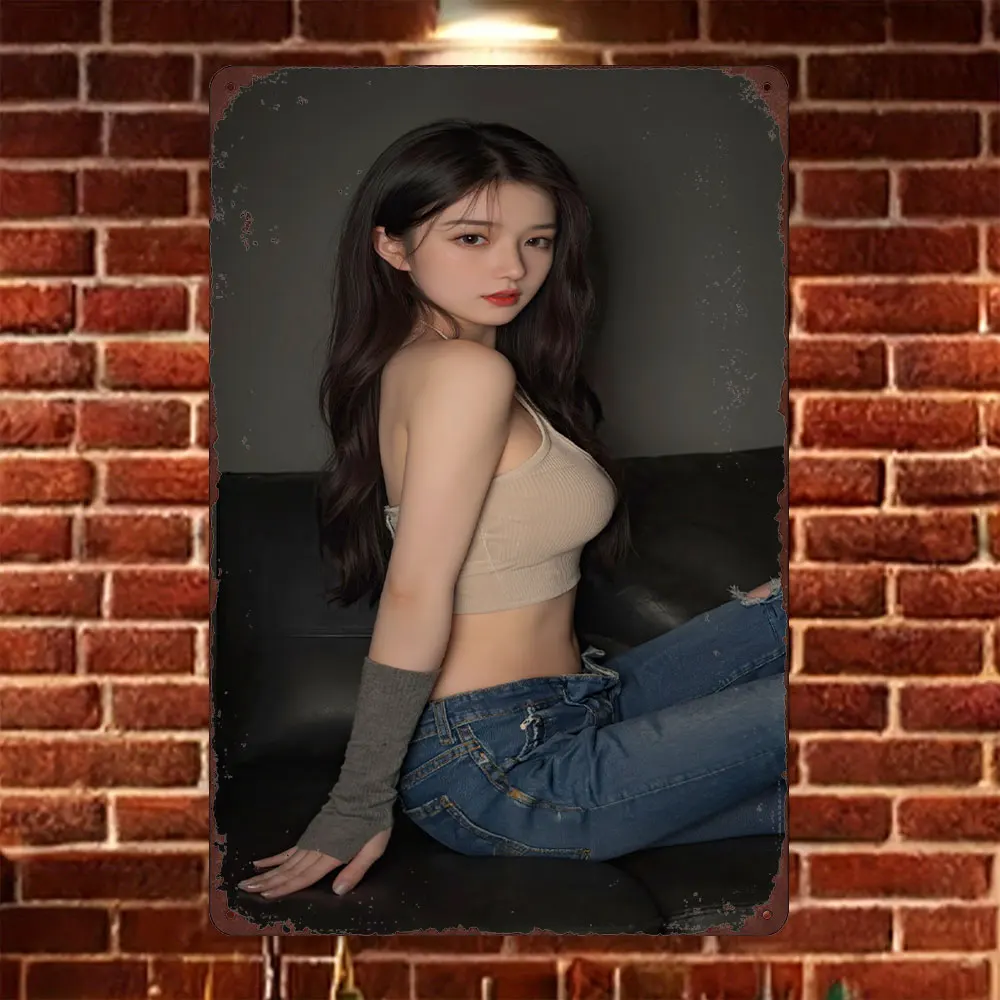 HD Tin Sign Vintage Asian Girl in Beige Crop Top & Ripped Blue Jeans on Sofa Metal Wall Art Retro Decor for Home Bar Cafe