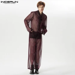 Sexy Fashion Style Men's Sets INCERUN 2024 Shirts Long Pants Ribbon Water Ripple Pattern See-through Print Two-piece Sets S-5XL