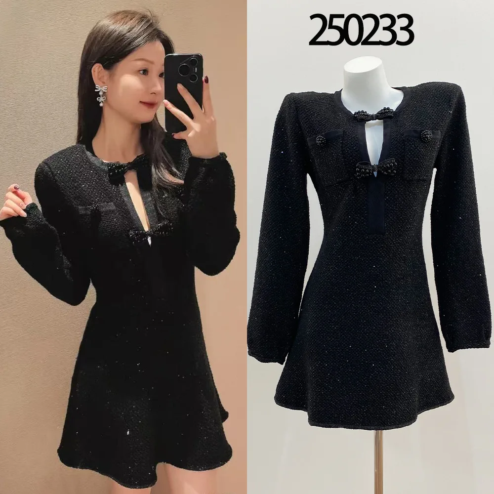 

【Gift Free】2026 Early Spring New Heavy Beaded Bow Sequin Knit Dress Women Elegant Long Sleeve Shiny Short Sweater Dress