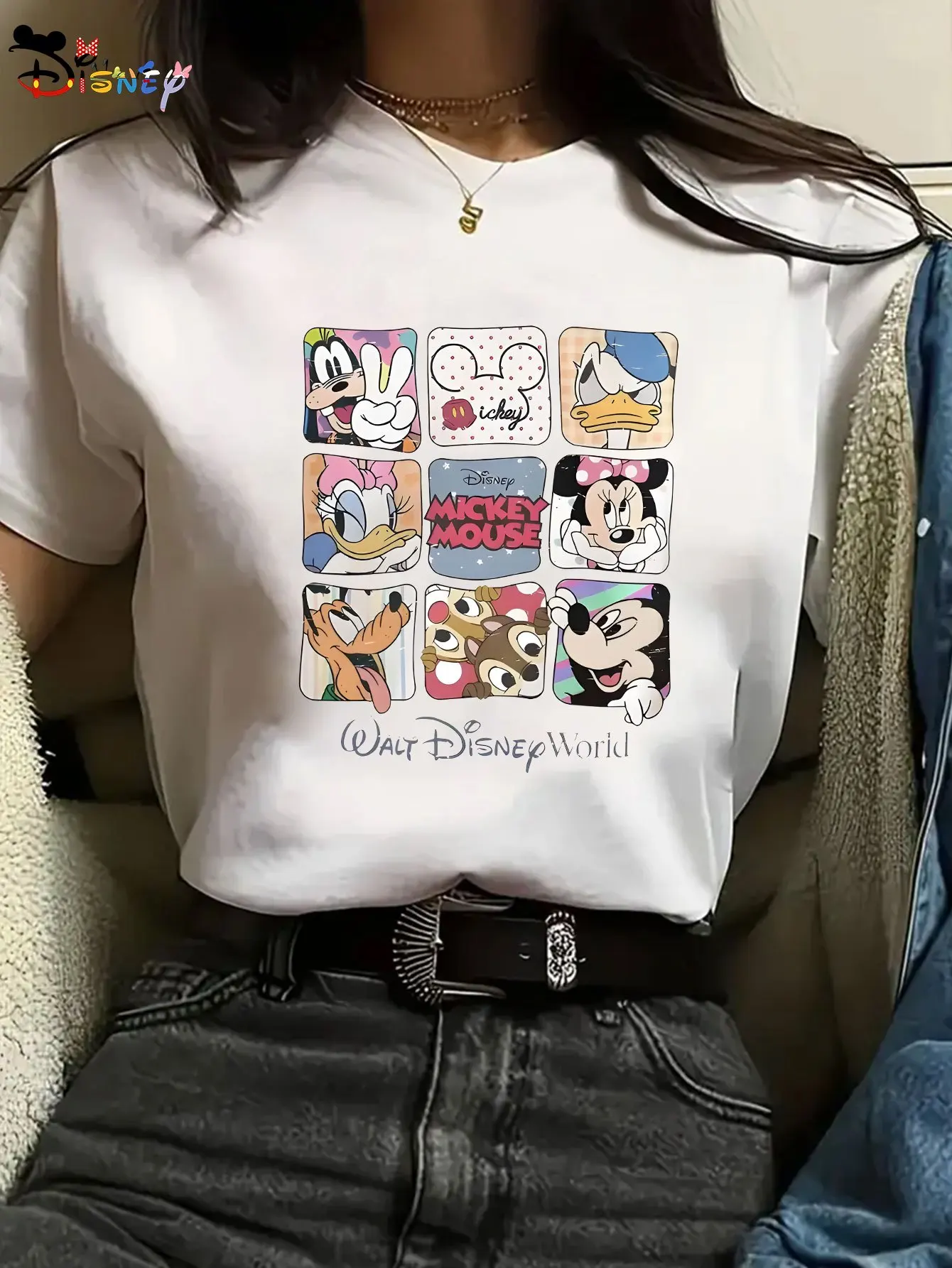 

Женская повседневная футболка Disney с круглым вырезом и принтом Disney High Frog, Donald Duck, Daisy Duck, Mickey Mouse