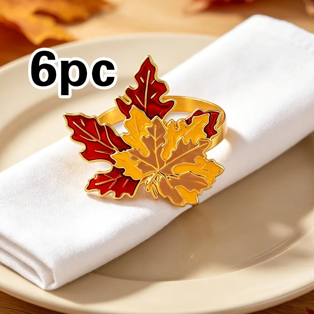 6pcs Maple Leaf Metal Napkin Rings Fall Autumn Thanksgiving Halloween Family Wedding Table Decor Party Supplies