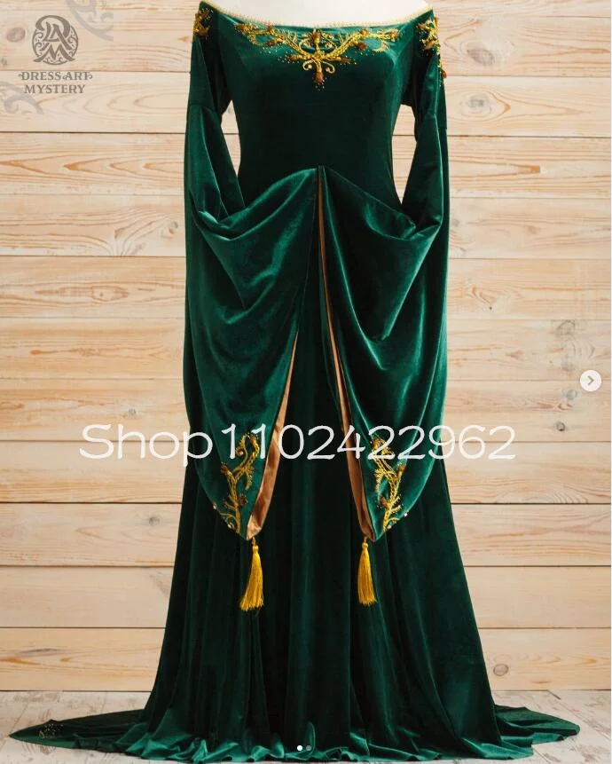 Emerald Green Velvet Medieval Evening Occasion Dresses with Fairy Long Sleeve Beaded Embroidery Fantasy  Crimson Prom Gown