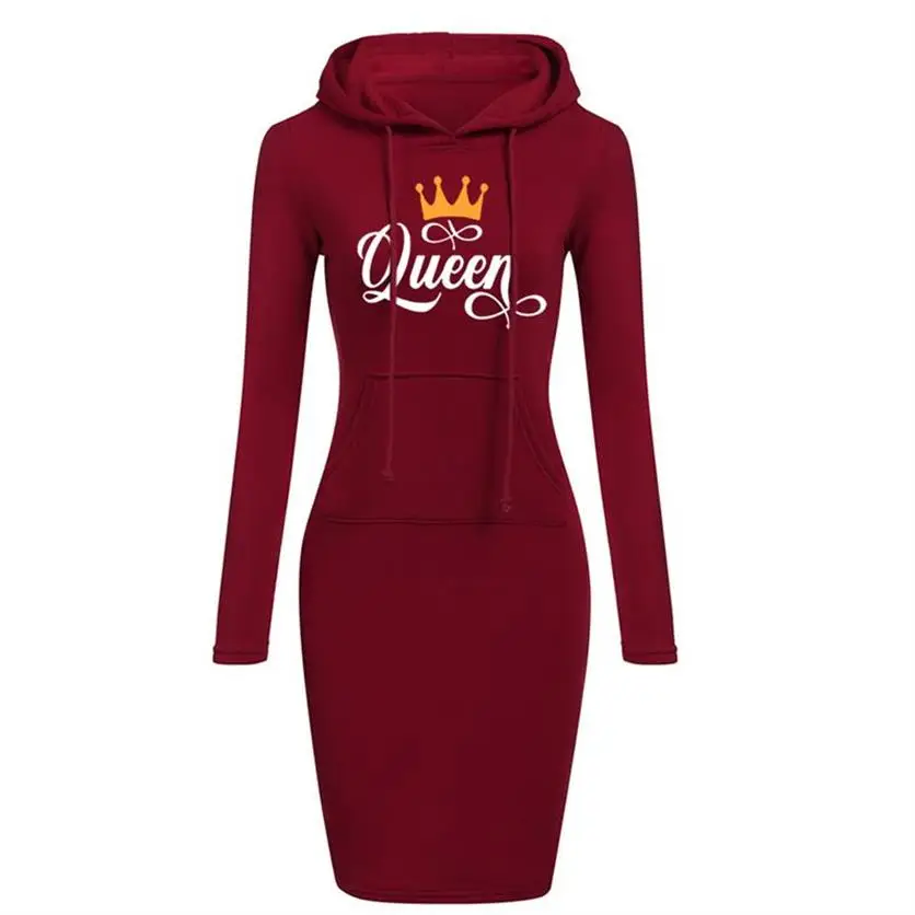 Senhoras vestido de outono feminino com capuz vestidos com capuz hoodies feminino rainha letras impressão sweatshirts feminino hoodies vestido topos roupas das senhoras