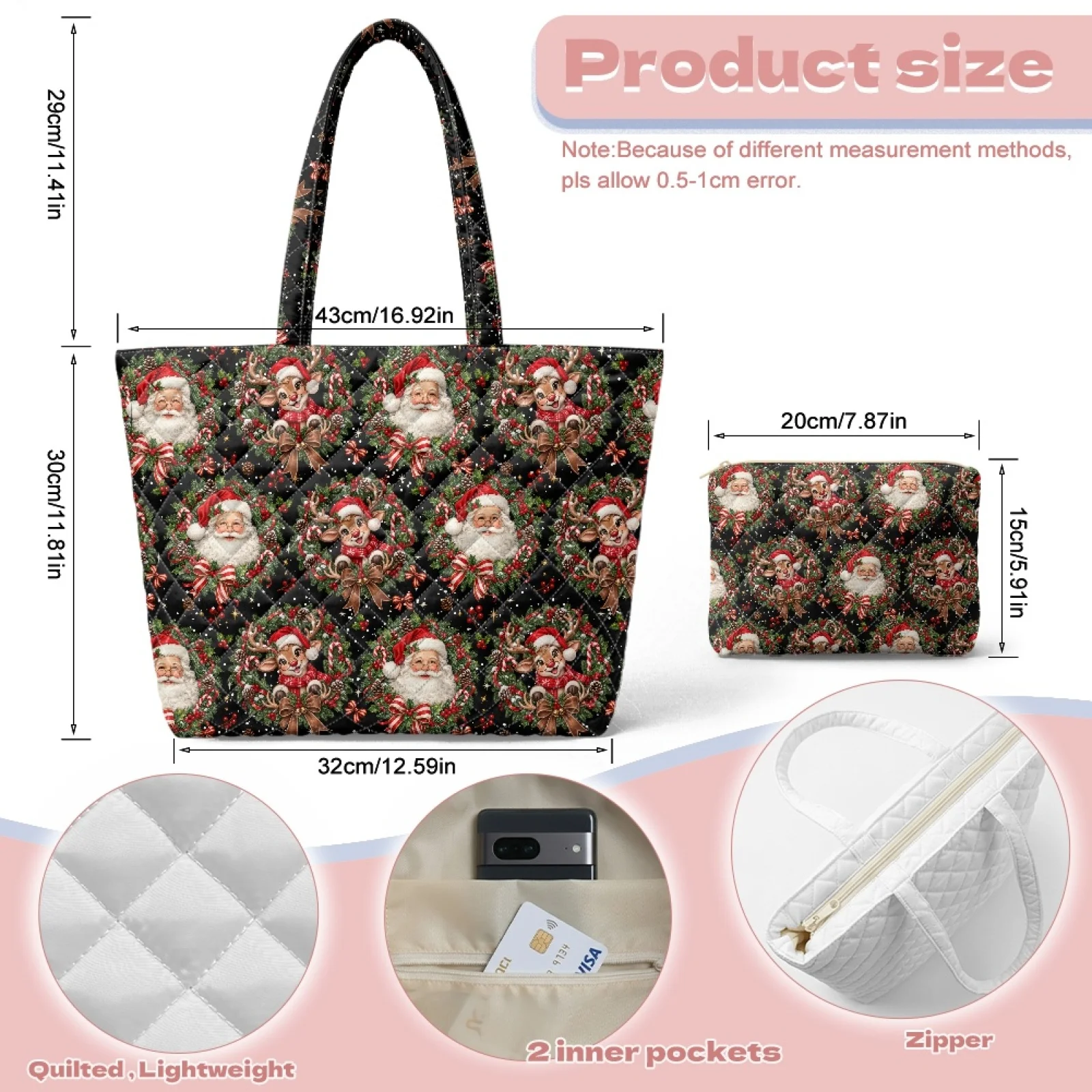 Coloranimal Christmas 2 Piece Quilted Tote Bag with Storage Pouch, Lightweight for Women Casual Outings and Daily Excursions