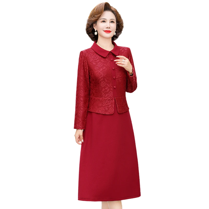 Red Festive Wedding Dress Elegant Women Vestidos noble Mom Spring Autumn lace patchwork Dresses