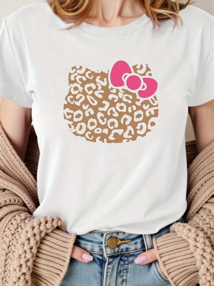 

Женская футболка с леопардовым принтом Hello Kitty, летняя повседневная хлопковая футболка с круглым вырезом и коротким рукавом, модная повседневная рубашка Y2K