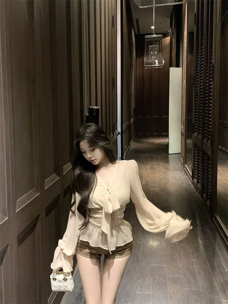 여성용 랜턴 슬리브 브이넥 레이스업 쉬폰 셔츠 봄 프렌치 웨이스트 탑 투피스 긴팔 셔츠