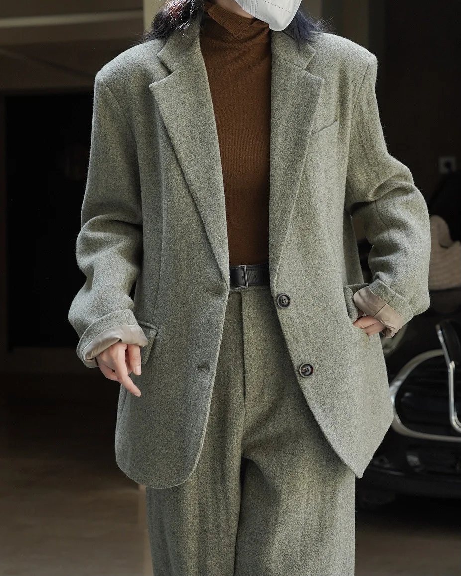 Fall Winter Women\'s Casual Coat Solid Color Single Breasted Pocket Decorative Loose Wool Blazer Jacket