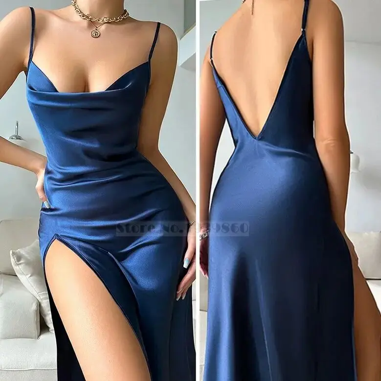 Sexy Women Nightgown Chemise Sleepwear Suspender Split Nightdress Intimate Lingerie Backless Nightwear Silky Satin Home Wear