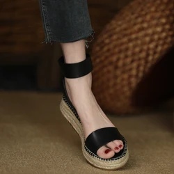 One Strap Sandals Gladiator Shoes Wedge Sandals Buckle Shoes Woman Cowhide Summer Lady Hemp Espadrilles Women’s Platform Sandal