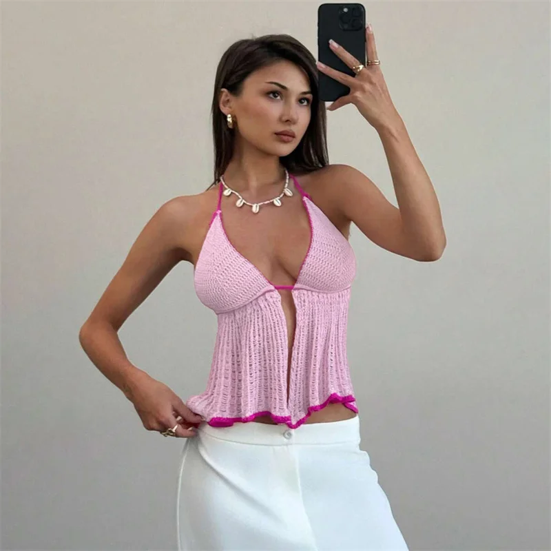 Women's Sexy Halter Lace-Up Knitting Bikini Cover up Beach  Crop Top Vest Brazilian Crochet Swimsuit Female Swimwear Camis