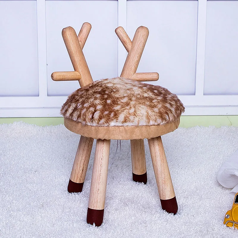 Tabouret nordique en bois massif pour enfants, chaise de bébé de dessin animé avec dossier d\'animal