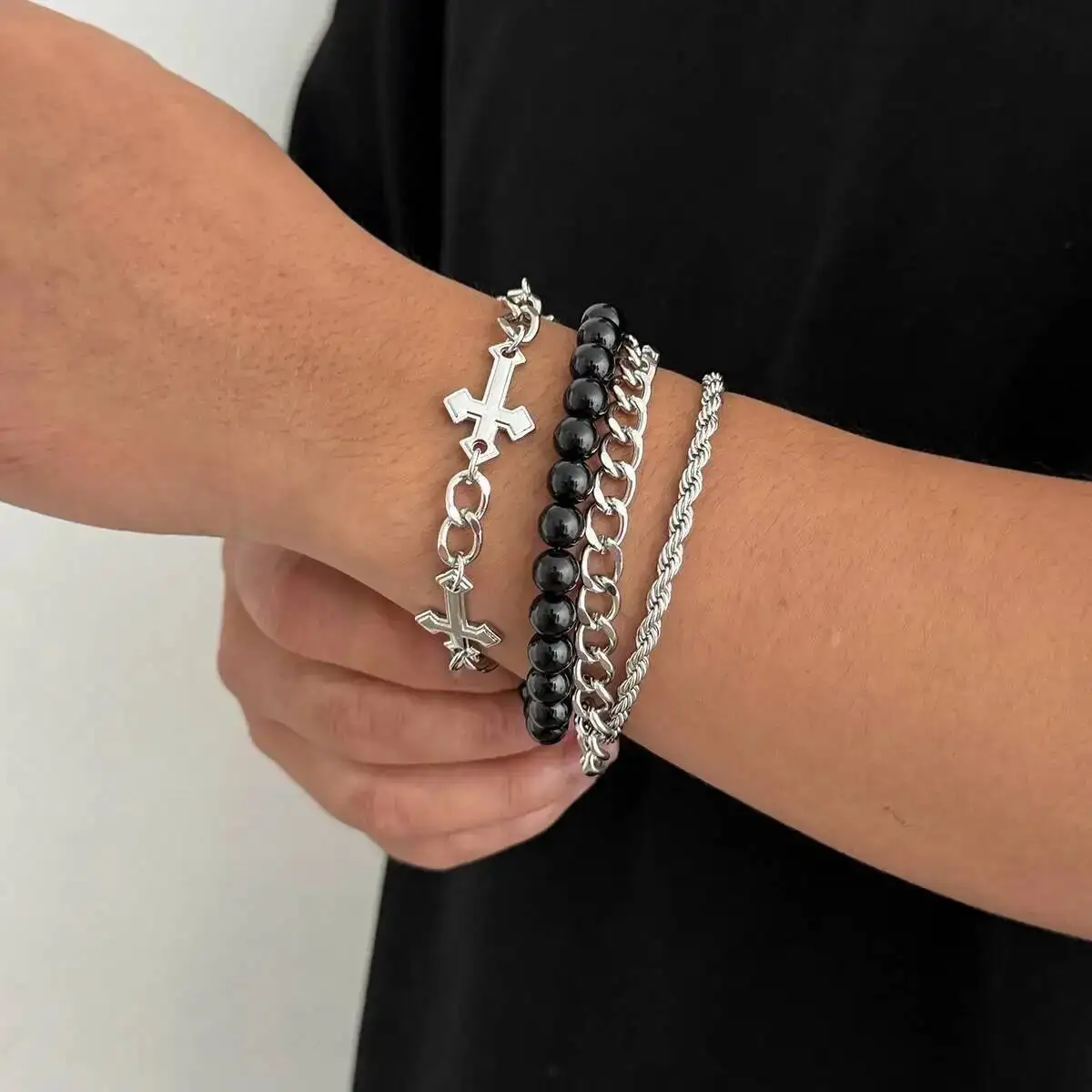 

Salircon 3Pcs/set Punk Jesus Cross Bangles Bracelets Men Hip Hop Gold Color Chain Black Beaded Bracelet Party Jewelry Male Gifts