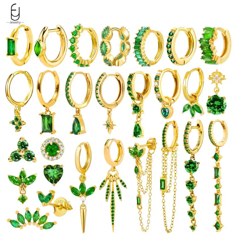 עגילי חישוק לב מכסף סטרלינג 925 עם מחט ירוקה וזירקון זהב לנשים, עגילי חישוק עדינים, תכשיטי יוקרה מתנות