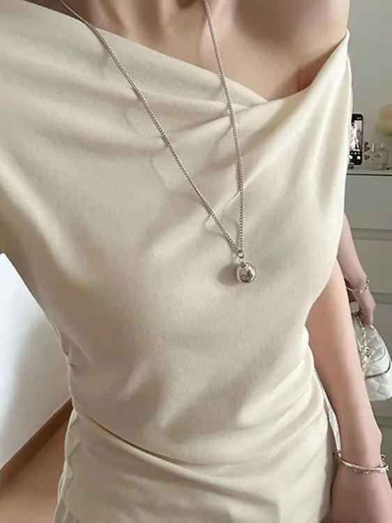 Slim Fit Short Sleeve T-Shirt Women Summer Design Sense Pleated Waist Control Slimming Clavicle Exposure Trendy Korean Style