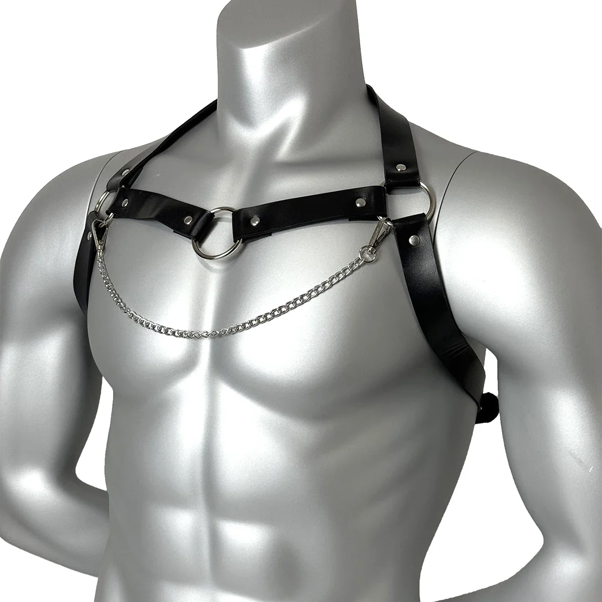 Sexy Men's Belt PU Leather Harness Strap with Chest Chain Shoulder Belt Metal Ring Y2k Goth Punk Clothing Accessories