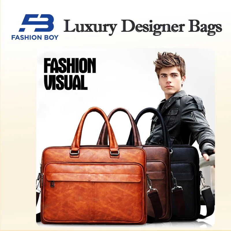 [FASHION BOY] Luxury Designer Brand Briefcase 14-inch Laptop Bags Leather Handbag Men