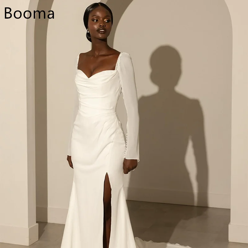 

Booma Mermaid Sweetheart Side Split Pleat Satin Simple Wedding Dresses Long Sleeve Brides Gown Custom Made 2025