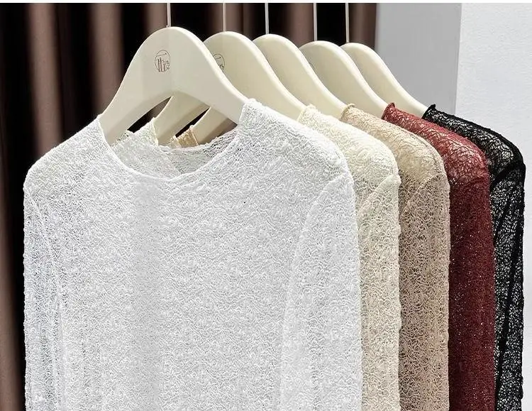 Damen-Oberteil mit Rundhalsausschnitt und Spitze, neues Herbst-/Winter-Modell, durchsichtiges Netzstoff-Langarmshirt, figurbetontes, elegantes und modisches Oberteil für den Innenbereich. – Detail 9