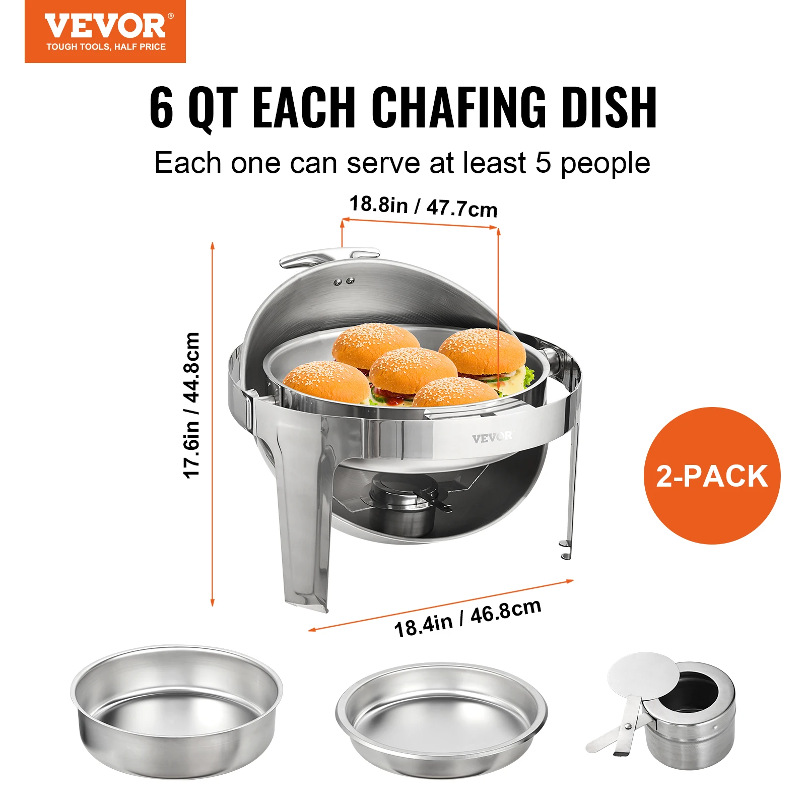 VEVOR 6 QT 2 Pack Roll Top Chafing Dish Buffet Set Stainless Steel Chafer with 2 Full Size Pans Round Catering Warmer Server