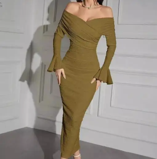

Womens Dresses 2025 Spring Autumn New Solid Color Off Shoulder Fashion Flare Sleeve Slimming Hip Hugging Casual Long Dress