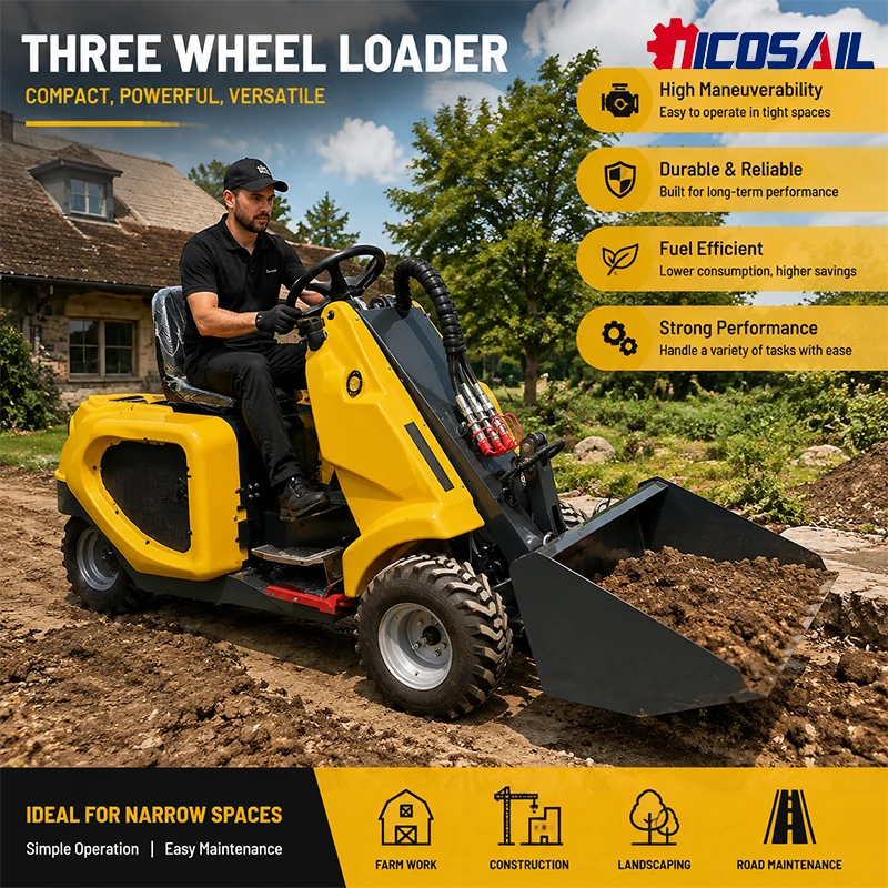 Mini Wheel Loader Three Wheel Loader for Agriculture Farm Work Hay Handling Material Loading Compact Tractor Loader