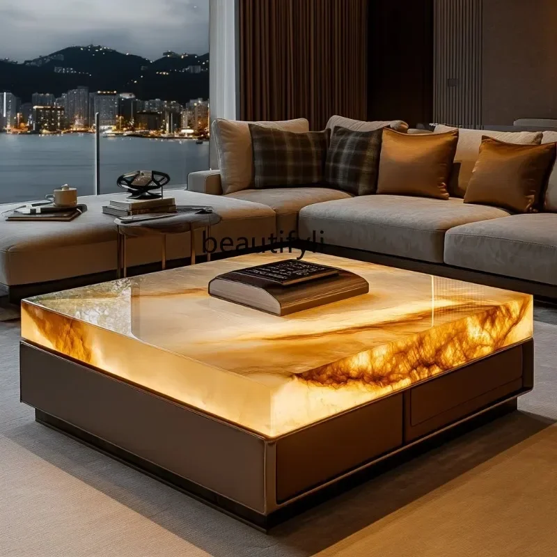 60.Leather luminous jade coffee table custom marble large flat-floor villa living room luxury stone modern home