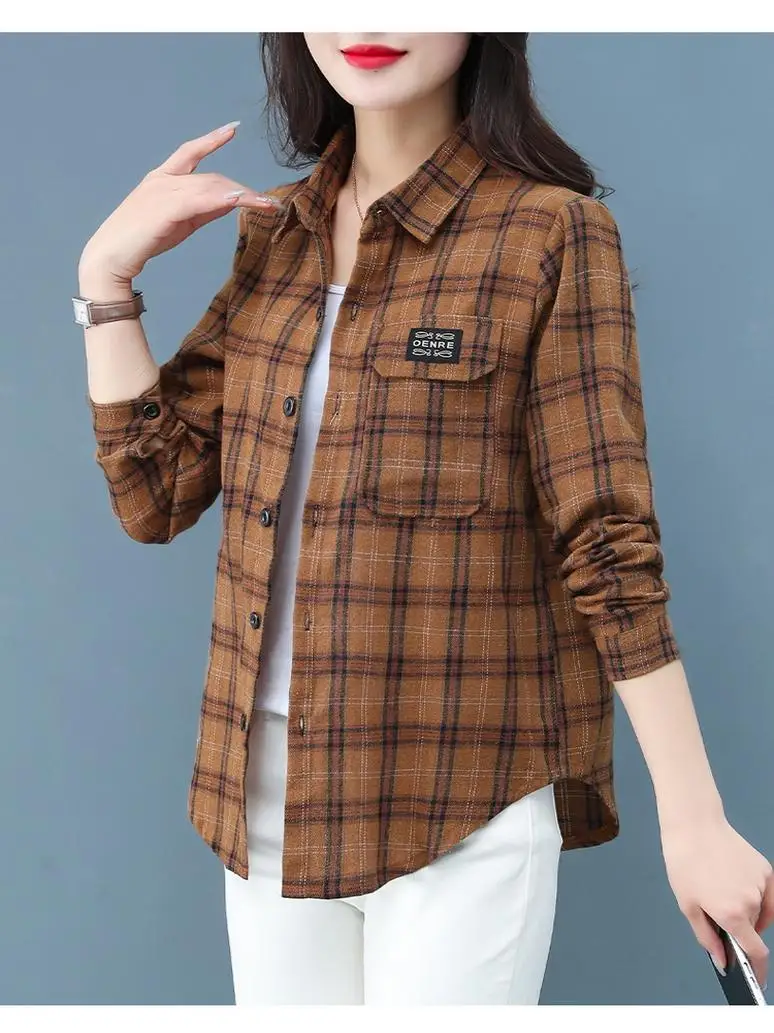 قميص قطني كاجوال للربيع والخريف بنقشة مربعات متعدد الاستخدامات للنساء بياقة بولو وأكمام طويلة خفيف الوزن وعصري للأمهات