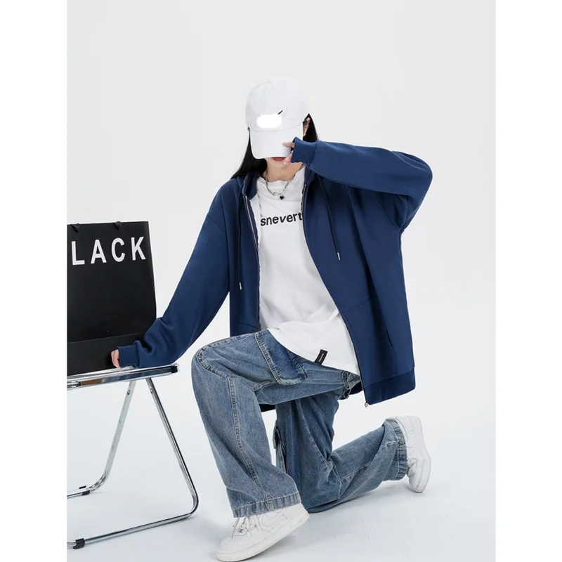 Sweatshirt Dark Blue Women Coat Cardigan Vintage Solid Streetwear Jacket Long Sleeve Fashion Casual Y2K Style Winter Female Tops