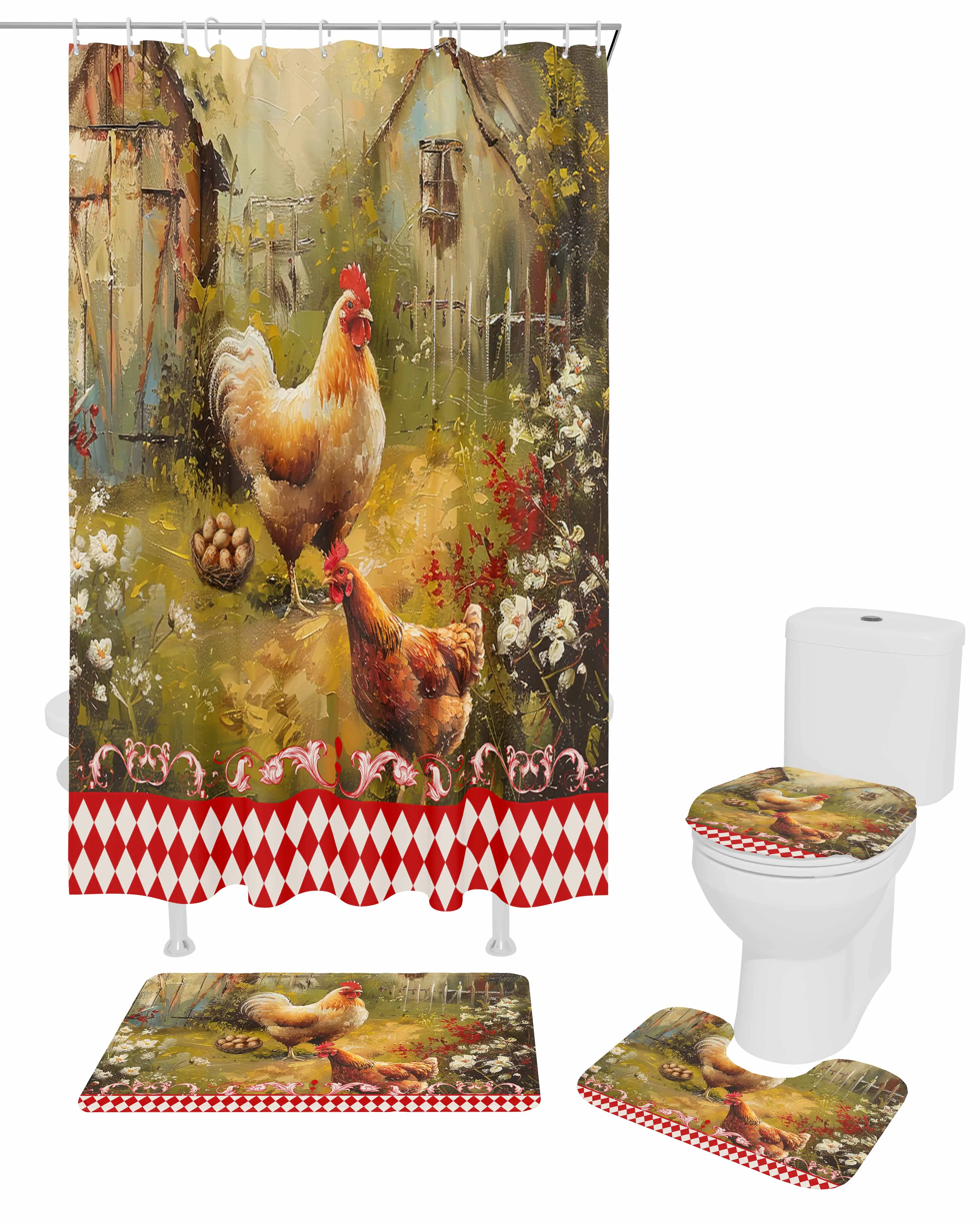 Retro Country Farm Hen Shower Curtain Set Non-Slip Rugs Bath Mat Toilet Lid Cover Waterproof Bathroom Curtain