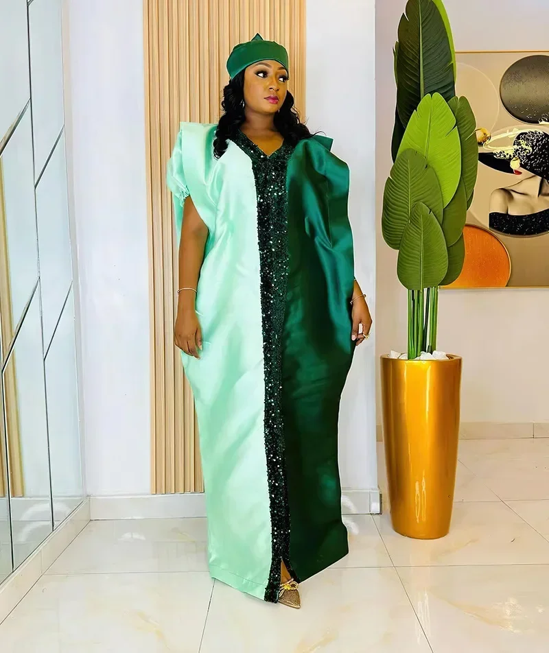 

African Dresses for Women Satin Boubou Robe Ankara Dashiki Africa Clothing with Headscarf Kaftan Morocco Abaya Eid Djellaba Robe