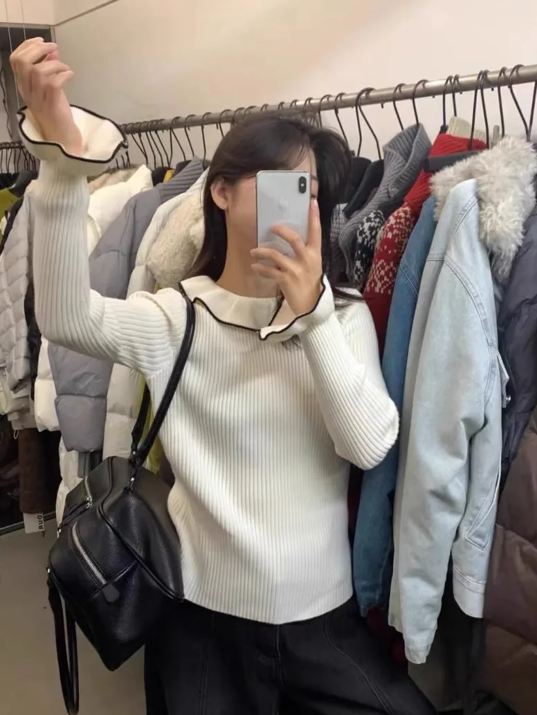 

Korean Sle Sweet Anti-Aging Lace Collar Knitted Sweater Women Autumn Winter Slimming Base Layer irt Top Floral Trim