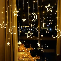 Lua e Estrela LED Curtain Light, Fairy String Lights, guirlanda de Natal, jardim ao ar livre, festa, decoração do casamento, romântico, 3,5 m