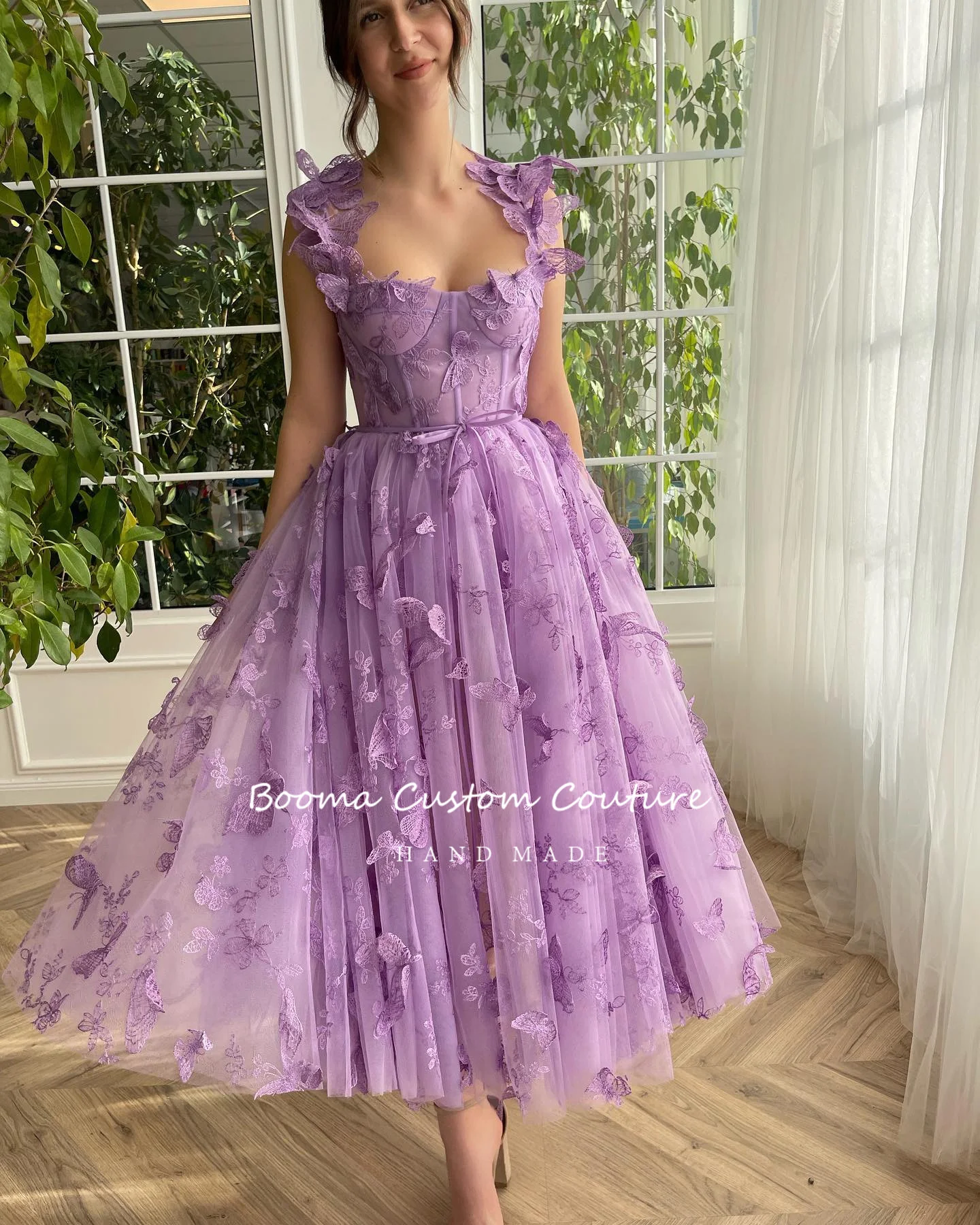 Booma Purple Butterfly Lace Midi Prom Dresses Strapless Sleeveless Tea-Length A-Line Wedding Party Dresses Formal Evening Gowns