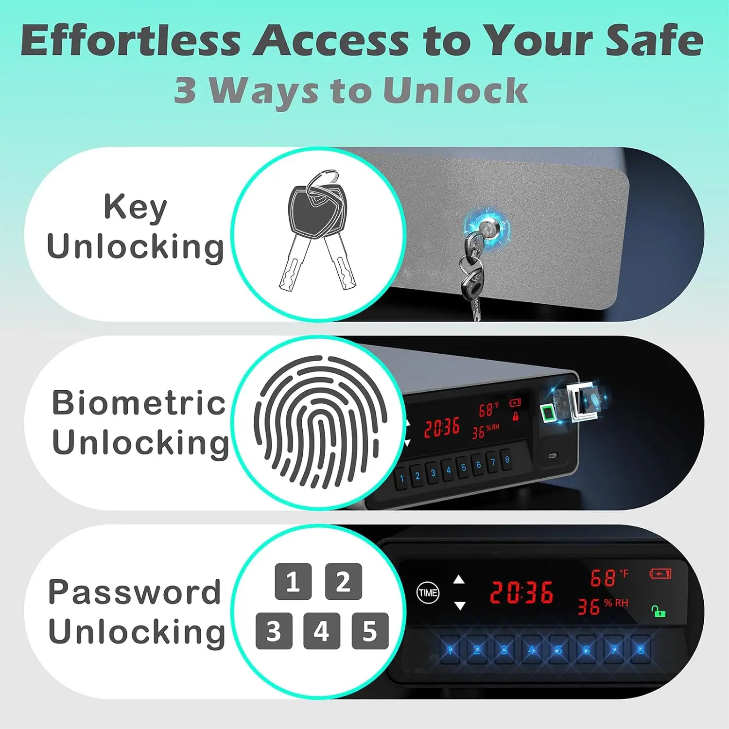 Smart Gun Safe with Security Cable - Biometric Pistol Safe for 2 Handgun 3 Ways Quick Access with Fingerprint/Keypad/Key, for Ni