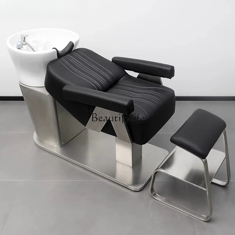 

Barber shop shampoo bed simple high-end hair salon special hair salon stainless steel ceramic basin half lying flush bed