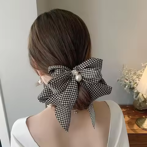 Vintage Thousand Bird Grid Large Bow Hairpin with Satin and Pearl Hairpin