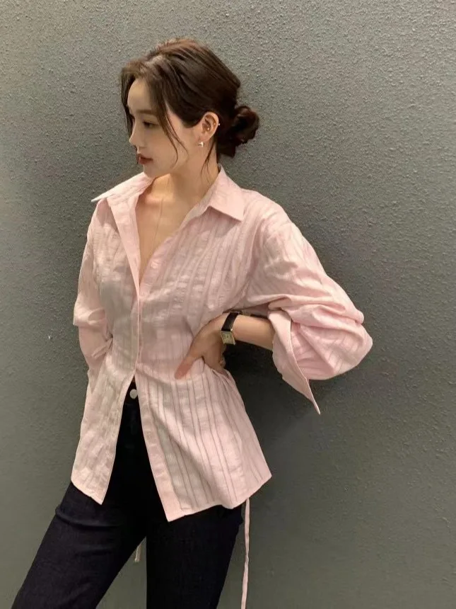 Ele Women's Long Sve irt Chic Design Striped Turn-down Collar Belted Slimming Trendy Breathable Polyester Fiber