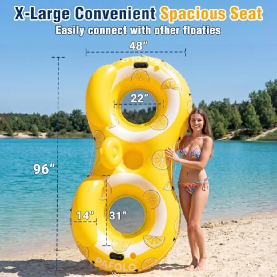 2-Person Inflatable River Tube For Pool And Lake Use, Heavy Duty Vinyl, Blue, 600 Lbs Capacity With Backrest And 2 Cup Holders