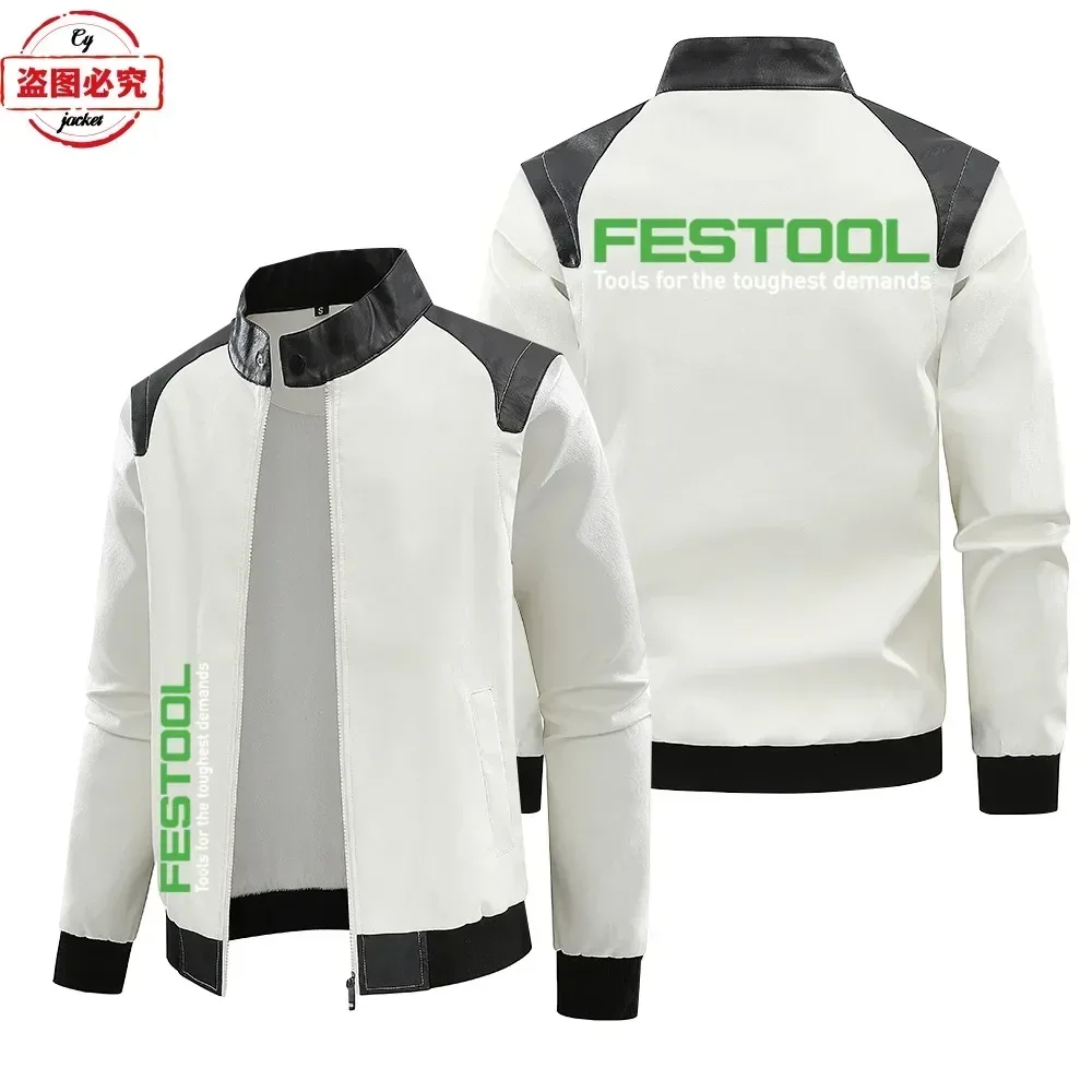 Festool Logo Printed Work Clothes Spring and Autumn Vintage Washed PU Leather Jacket Winter Plush Windproof Men's Jacket
