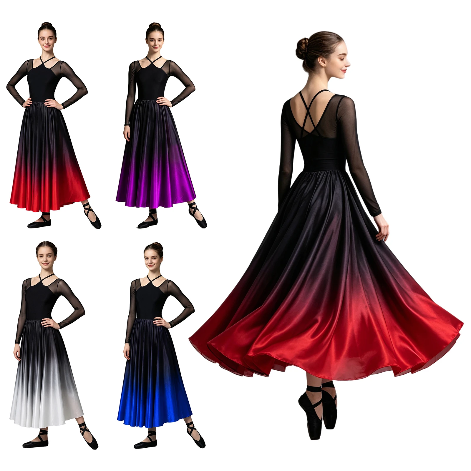 Vestido de flamenco para mujer, de corte amplio, con mangas largas de malla, dobladillo degradado y calzoncillo, elegante ropa de baile para flamenco y vals.
