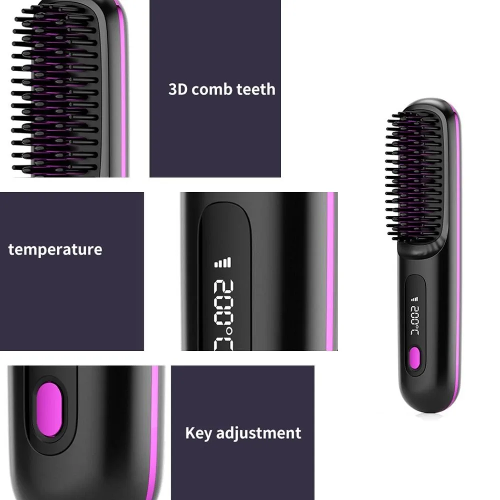 LCD Hair Straightener Brush Ceramic Heated USB Charging Electric Hair Brushes Wireless Portable Hair Styling Accessories Female