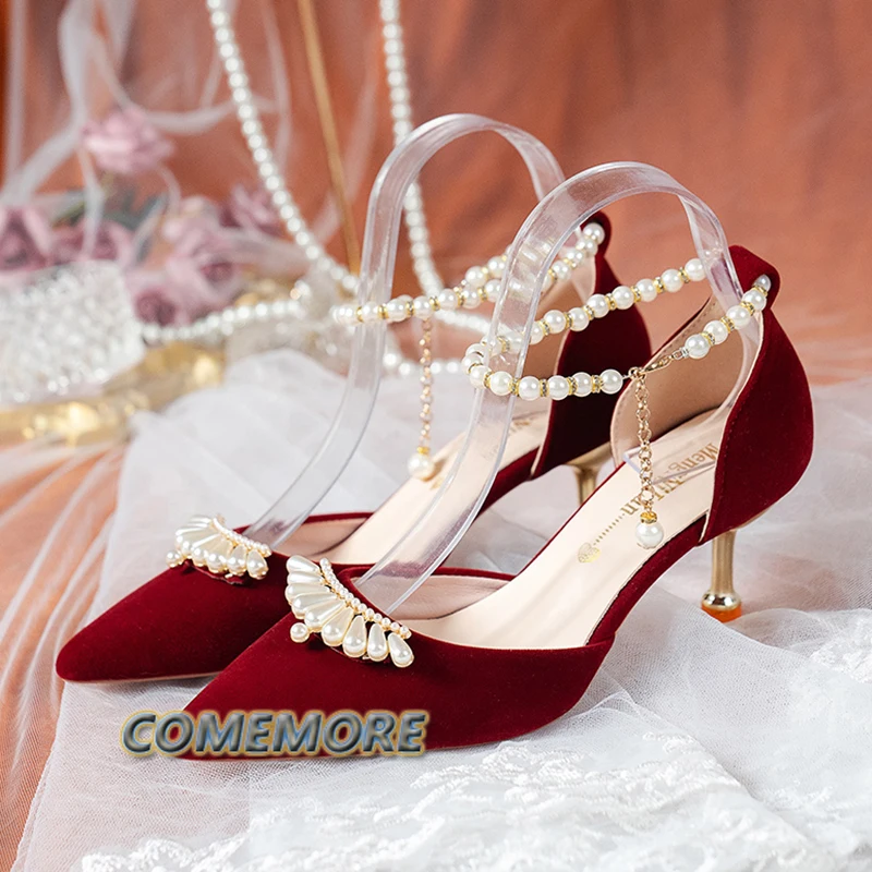 Elegant Pearl Crown Bride Shoes Women String Bead Ankle Strap Thin Heels Pumps Woman Flock Pointed Toe High Heels Wedding Shoes