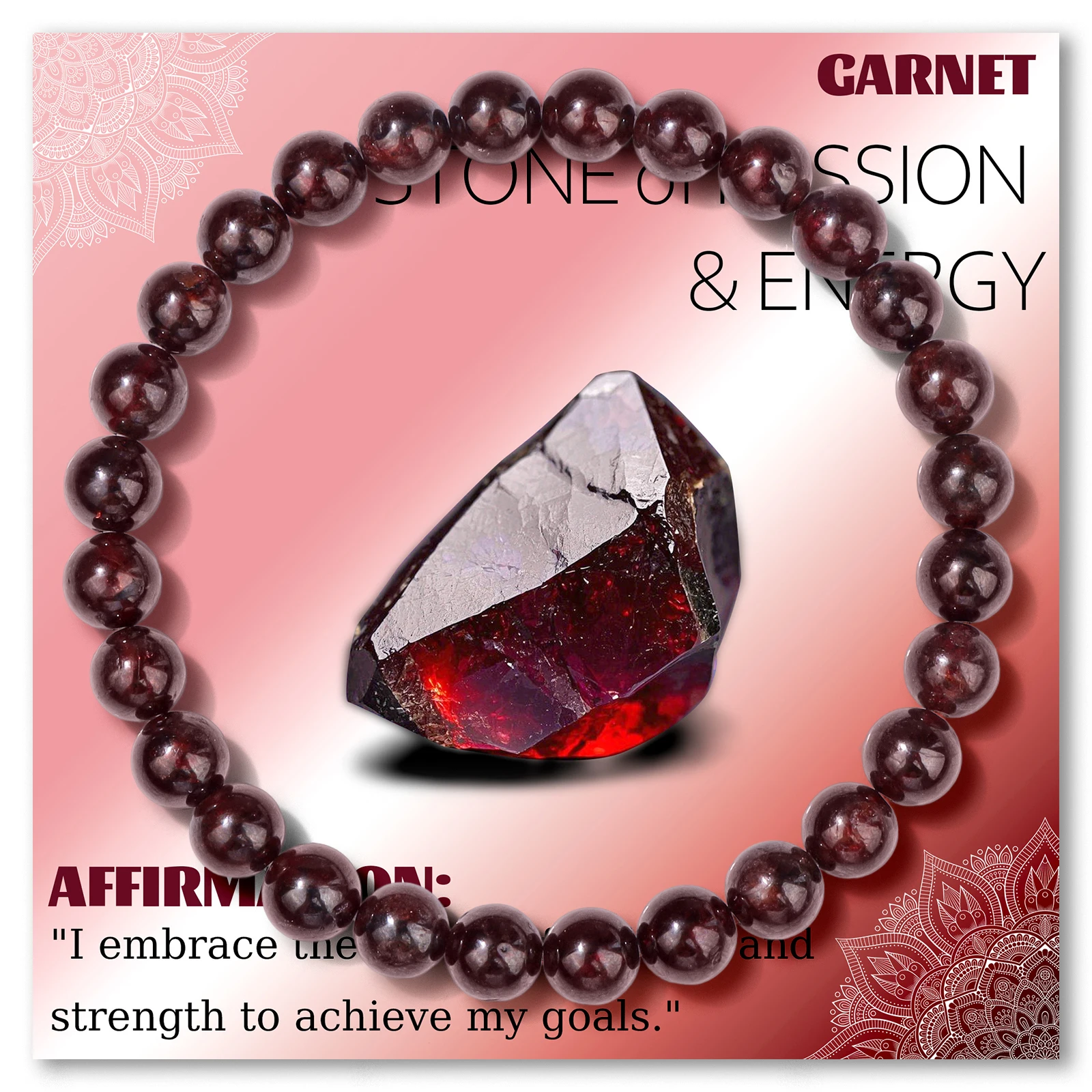 Natürliches Granatstein-Armband, 4, 6, 8 mm, runde Perlenarmbänder, Heilung, Reiki, spirituelle Edelsteine, Armband mit Karte für Damen und Herren