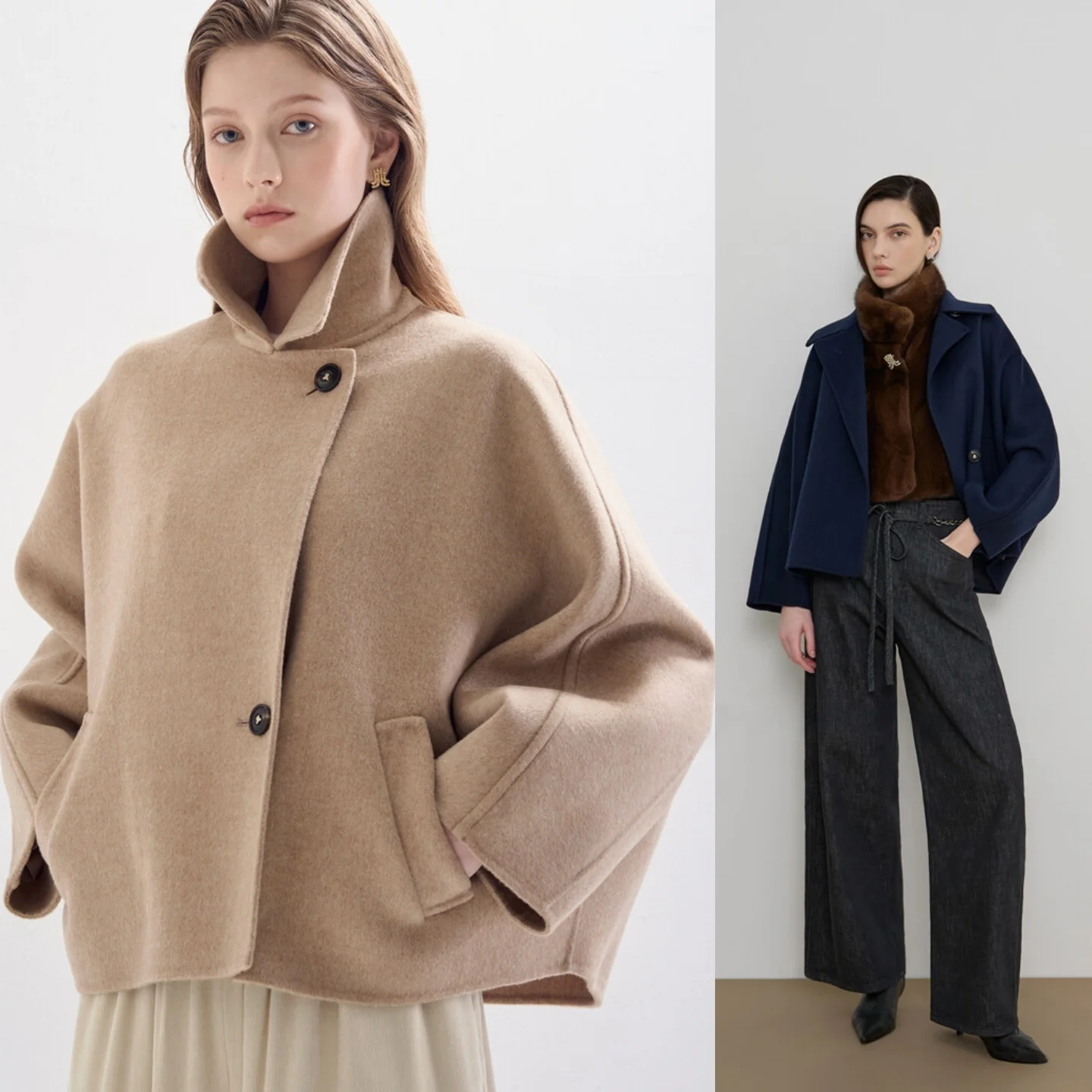 

Double-Faced Woolen Short Coat Korean Style Commute Loose Slim Fit Hand-Sewn Lapel V-Neck Thick Winter Outerwear for Women