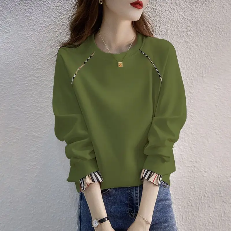 Thin Pure Cotton Sweatshirt Women Spring Autumn Korean Version Hatless Pullover Long Sleeve Round Neck Fake Two Piece Top