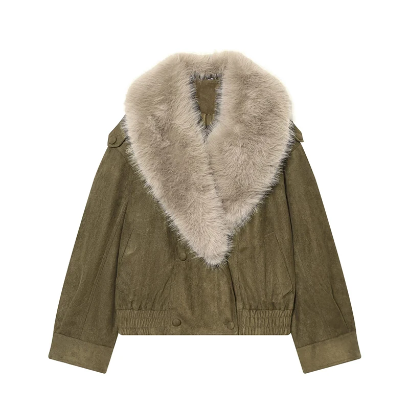 YENKYE New Women Removable Collar Faux Suede Leather Jacket Long Sleeve Double-breasted Autumn Winter Warm Coat Short Outerwear